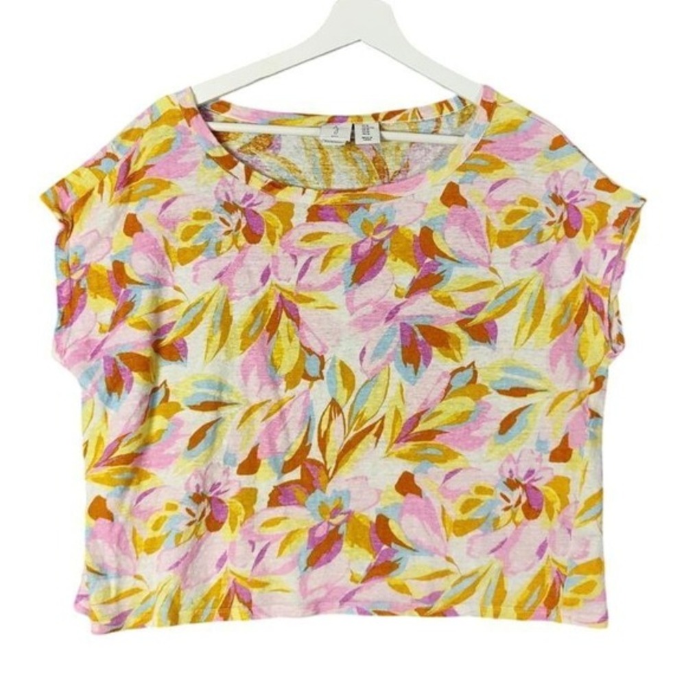 Joie Womens Boho Coastal 100% Linen Knit Top XL Pink Yellow Floral Cap Sleeve